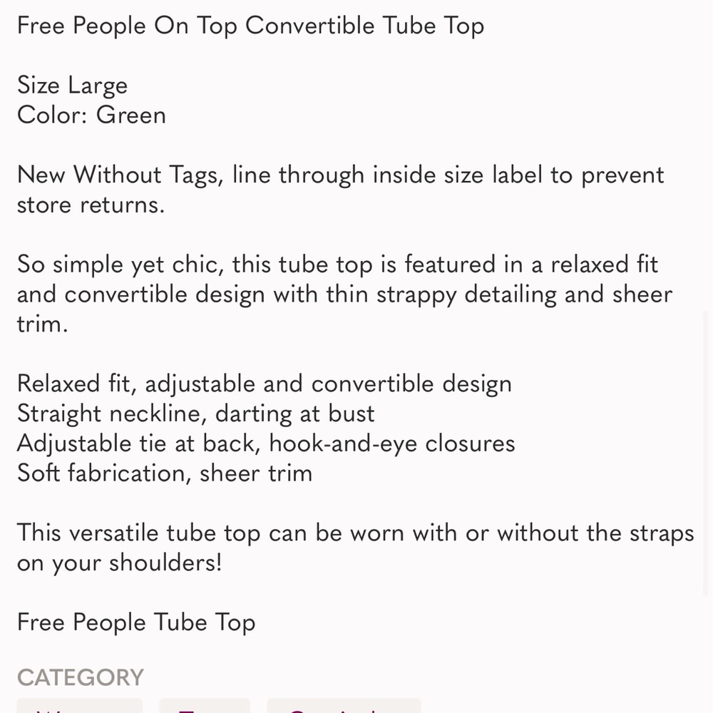 Free People! On Top Convertible Tube Top NWOT! - Picture 12 of 12